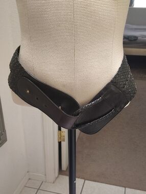 Wide Braided Leather Waist Belt in Black